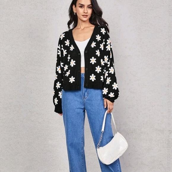 Floral daisy Pattern Drop Shoulder Cardigan jacket - Picture 4 of 7